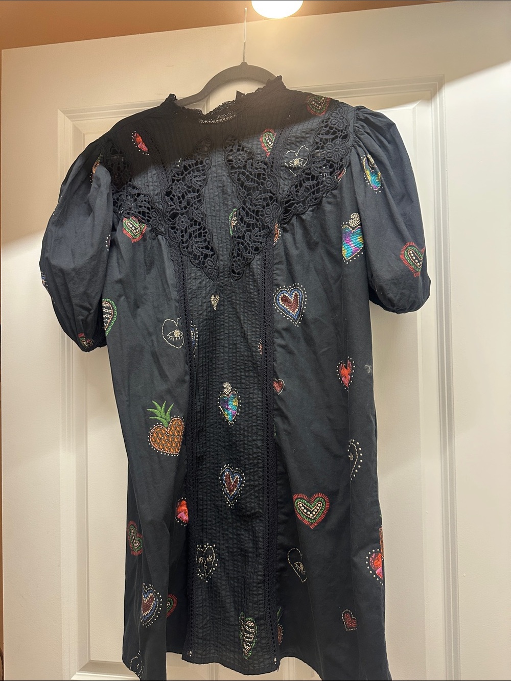 Farm Rio Black Embroidered Heart & Fruit Dress Top - size Xs